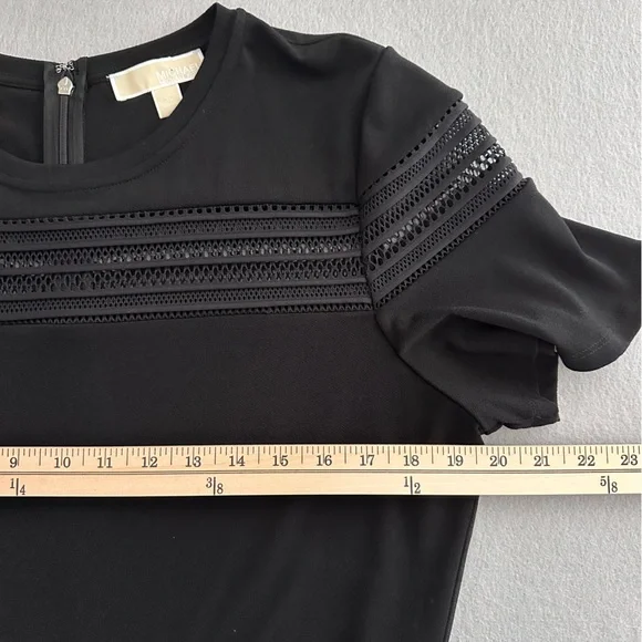 Michael Kors Black A-Line Dress Short Sleeve Ruffle Hem Crew Neck Mesh Insets XL - Picture 9 of 11